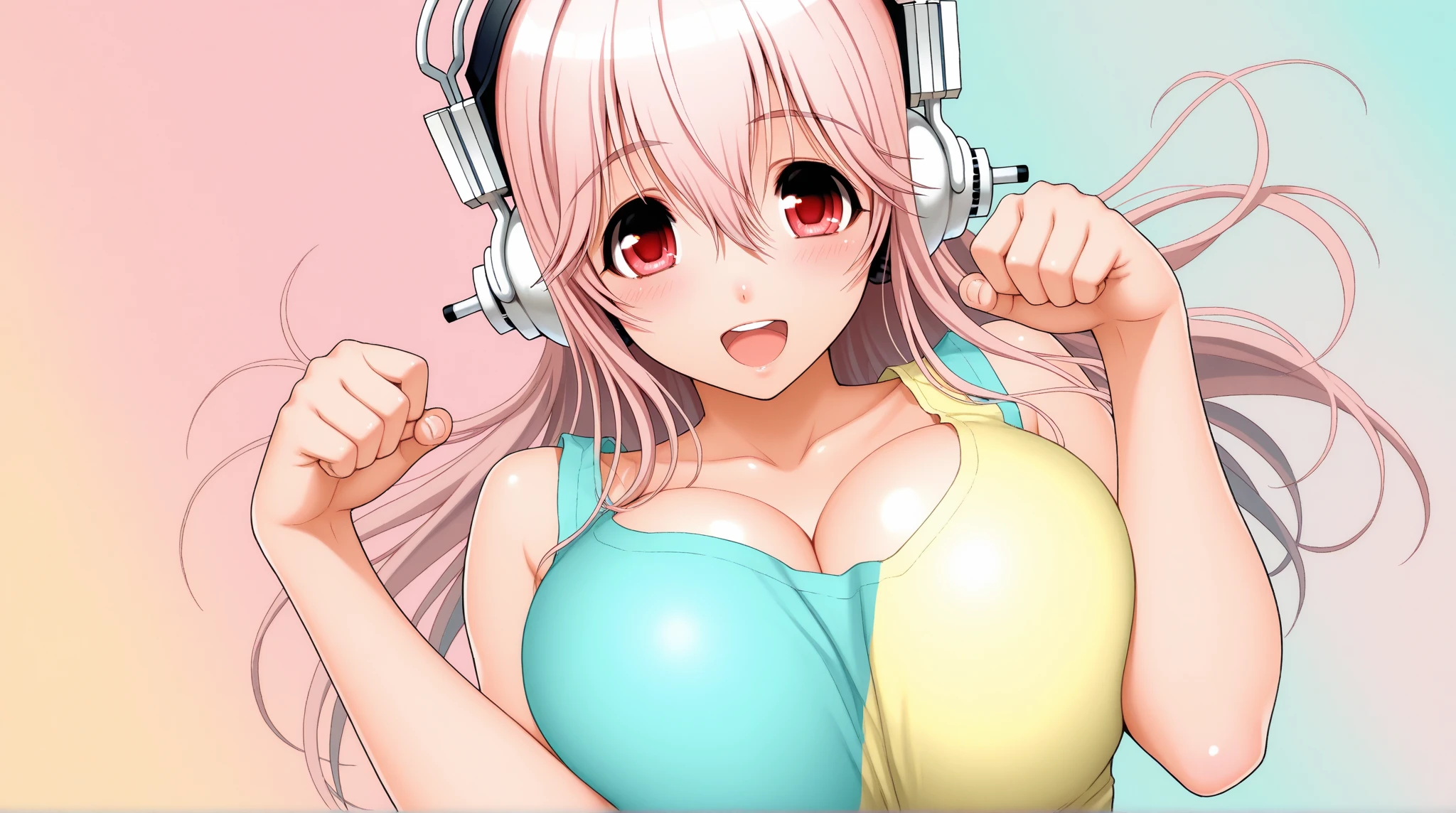 (Highest quality:1.2, Very detailed, Latest, Vibrant, Attention to detail, masterpiece:1.2, Highest quality, Best aesthetics), (((1 girl))), (((supersonic, Super Sonico:1.2, 1 Female))), Pink Hair, Long Hair, Gradient Hair, Reddish brown eyes, ((Big Breasts:1.2)), Silver_Headphones, (White micro bikini), Open your mouth, Dynamic Angle, Friendly atmosphere, Beautiful Hair, Shiny Hair, Beautiful Skin, Detailed face and eyes, Glossy Lips, Curvy Women, ((On all fours:1.2)), Sandy Beach, Enter the water, Light and shadow with attention to detail, Background Blur.