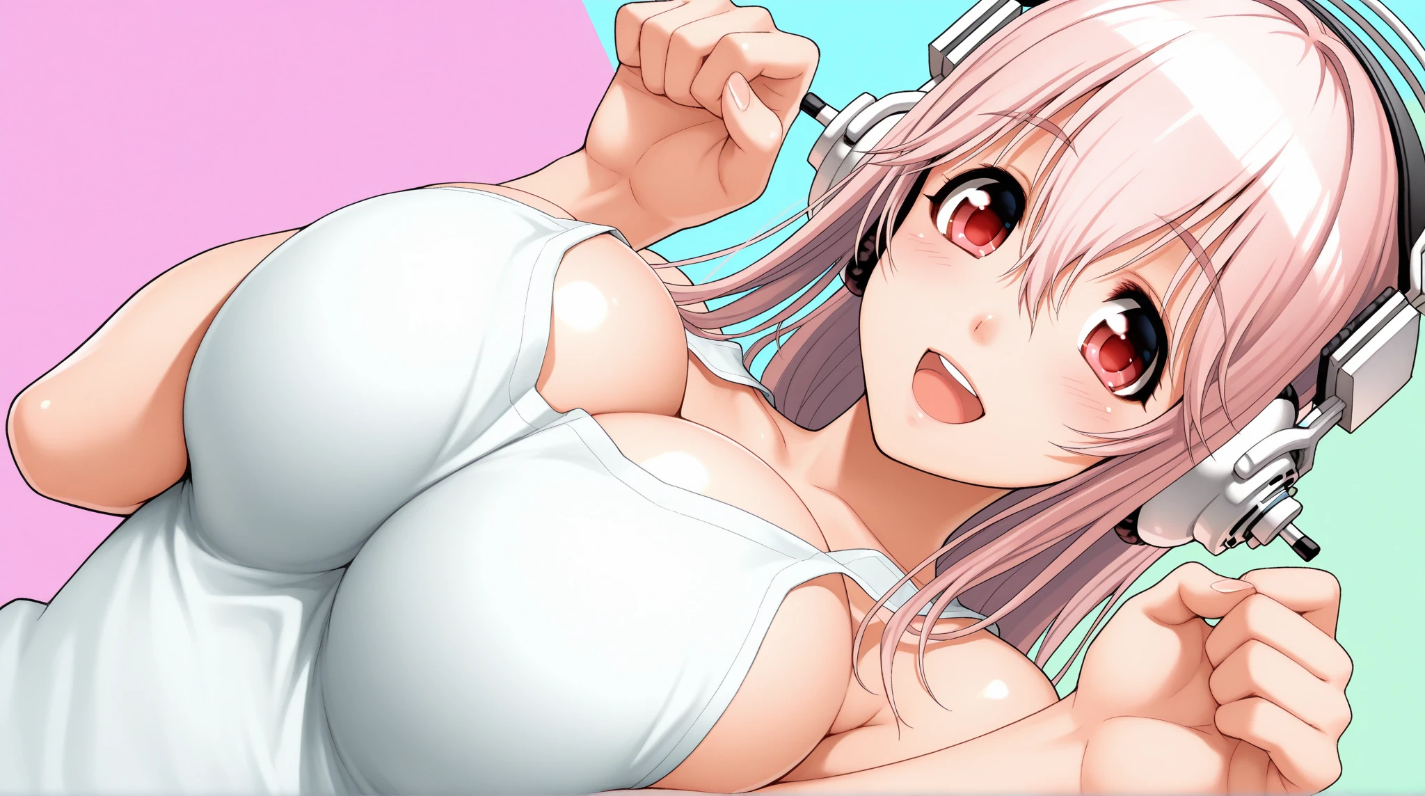 (masterpiece),(intricate details),1girl,mature female,medium breasts:1.39,tired face,brown eyes BREAK lukamegurine, luka megurine, blue eyes, headphones, long hair,ni clothes pink hair, (medium breast:1.2), BREAK arm warmers, armband, no shirt, no clothes, bare shoulders, black skirt (suggested by the context of no wearing clothes, potentially visible in this setting), midriff, navel, totally exposed breasts, shoulder tattoo, ((reclining on a serene countryside path winds through fields of blooming wildflowers, In front of a tree, inviting peaceful walks amidst a natural tapestry of vibrant colors and gentle fragrances.)),((upper body,portrait)),from above:1.4 BREAK day,sun,rainbow,((cumulonimbus)), depth of field,looking at viewer