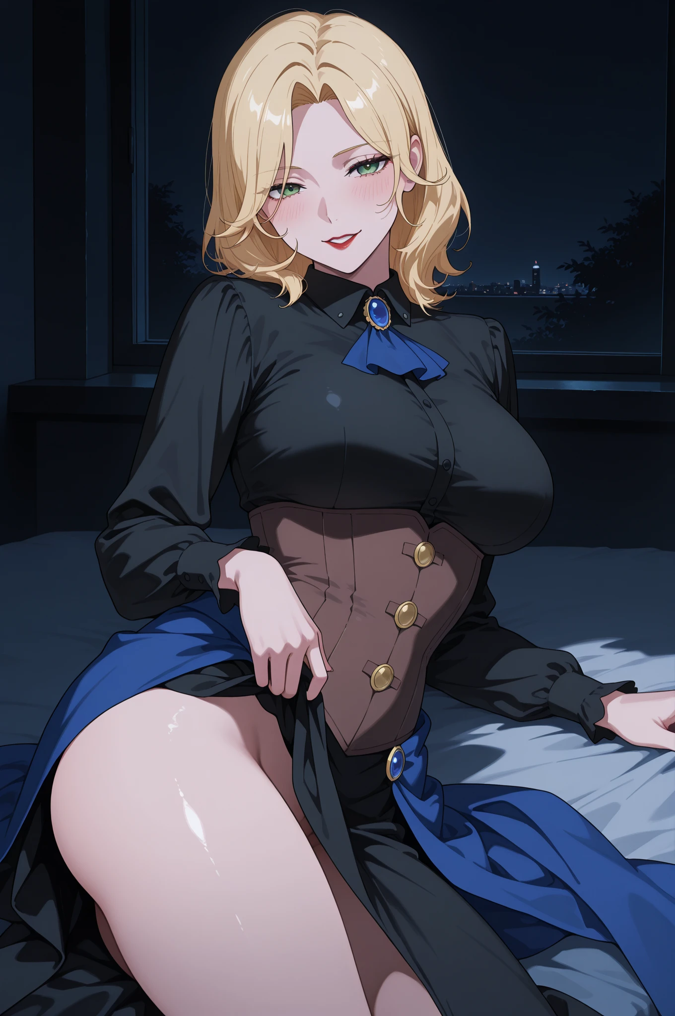 （One girl）、(short hair)、(sidelock)、((Blonde))、Princess Connect、((boyish))、(Big Breasts)、Chubby、beautiful girl、[Big thighs]、Green Eyes、(Healer)、Black Vest、black leggings、White sleeveless、hairs between eyes、(long gloves)、smile、wink、((see-through))