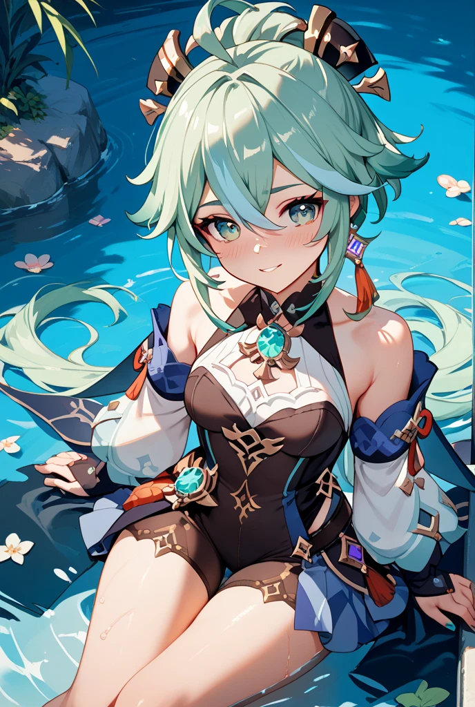 link, Gerudo set ,detached sleeves ,an oasis,water, Wet, the sweat,looking a viewer, sparkly skin, bellybutton ,Transparent, Smile Masterpiece, hiquality, zombie greedily tearing flesh