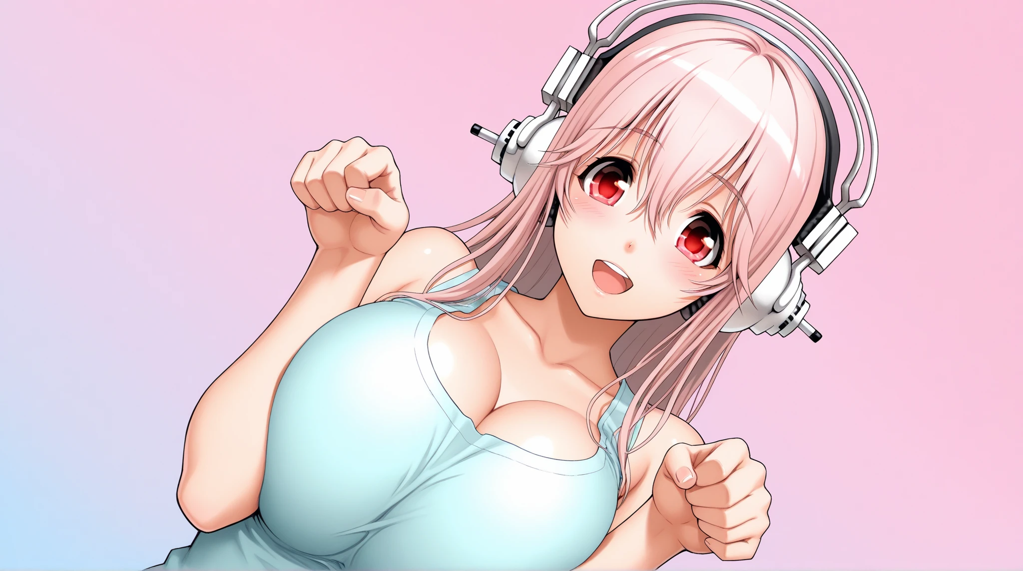 Masterpiece, 1girl, purple eyes, glowing eyes, hot pink hair, red lips, closeup portrait, upper body, bangs, high ponytail, bangs to the side, long curly, messy hair, busty, orange hoodie, unzipped hoodie, pink bra, big breast, mouth drooling, ahegao, ahegao face, red headphones, (illustration), (anime), detailed, ((intricate details)), hdr, ((intricate details, hyperdetailed)) headshot, head in frame, full frame, perfect centering, head in photo, shot from top, looking up
