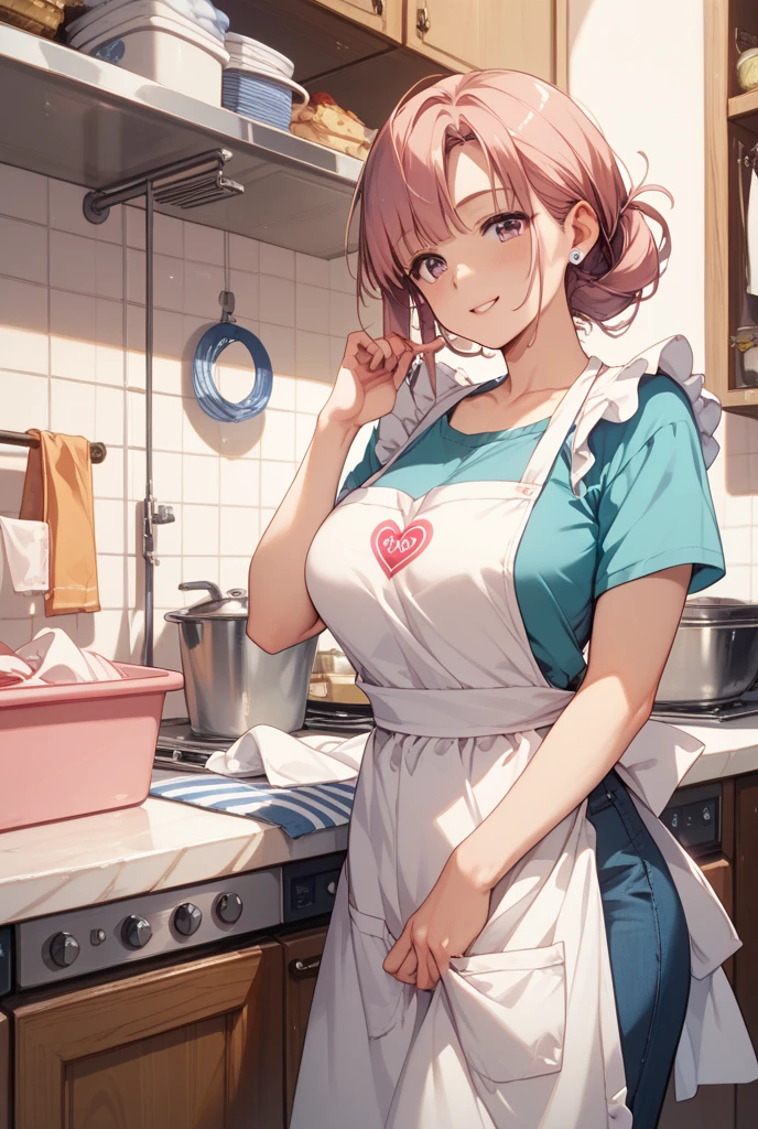 nakedエプロン、One girl、18-year-old、Large Breasts、very cute、Light Hair Color、Shy expression、naked、Wearing an apron、nakedにエプロンを着けている、Food is lined up on the table、kitchen