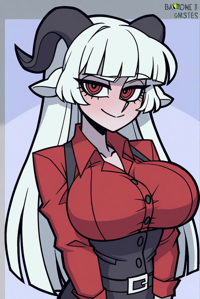 blunt bangs cleavage closed eyes demon girl goat girl large breasts pinstripe pattern red shirt smile white hair