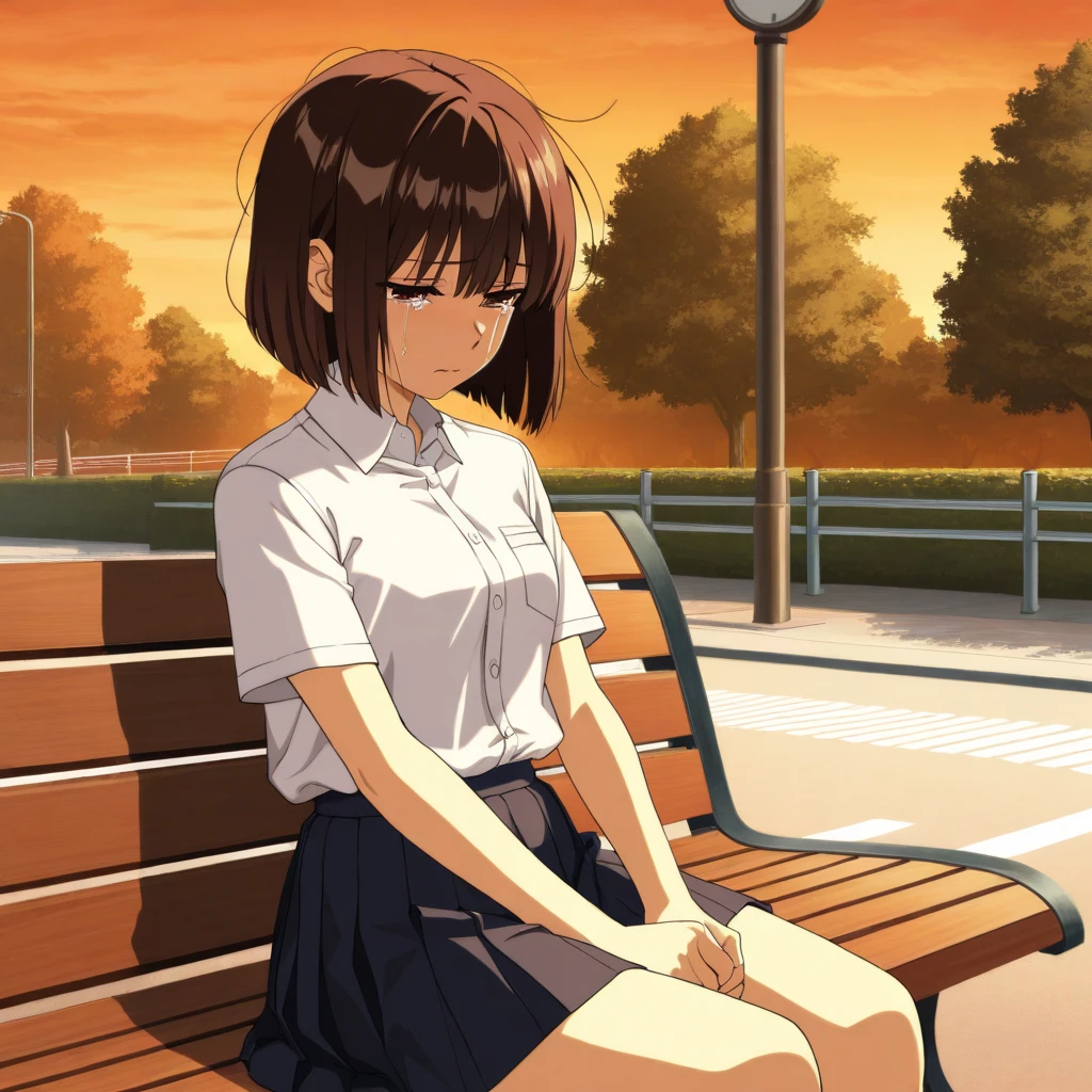 creates a 22-year-old anime girl sitting on the ground with her arms and hands touching her knees wearing a short green skirt and a low-cut white blouse with wide hips and large breasts in a park landscape