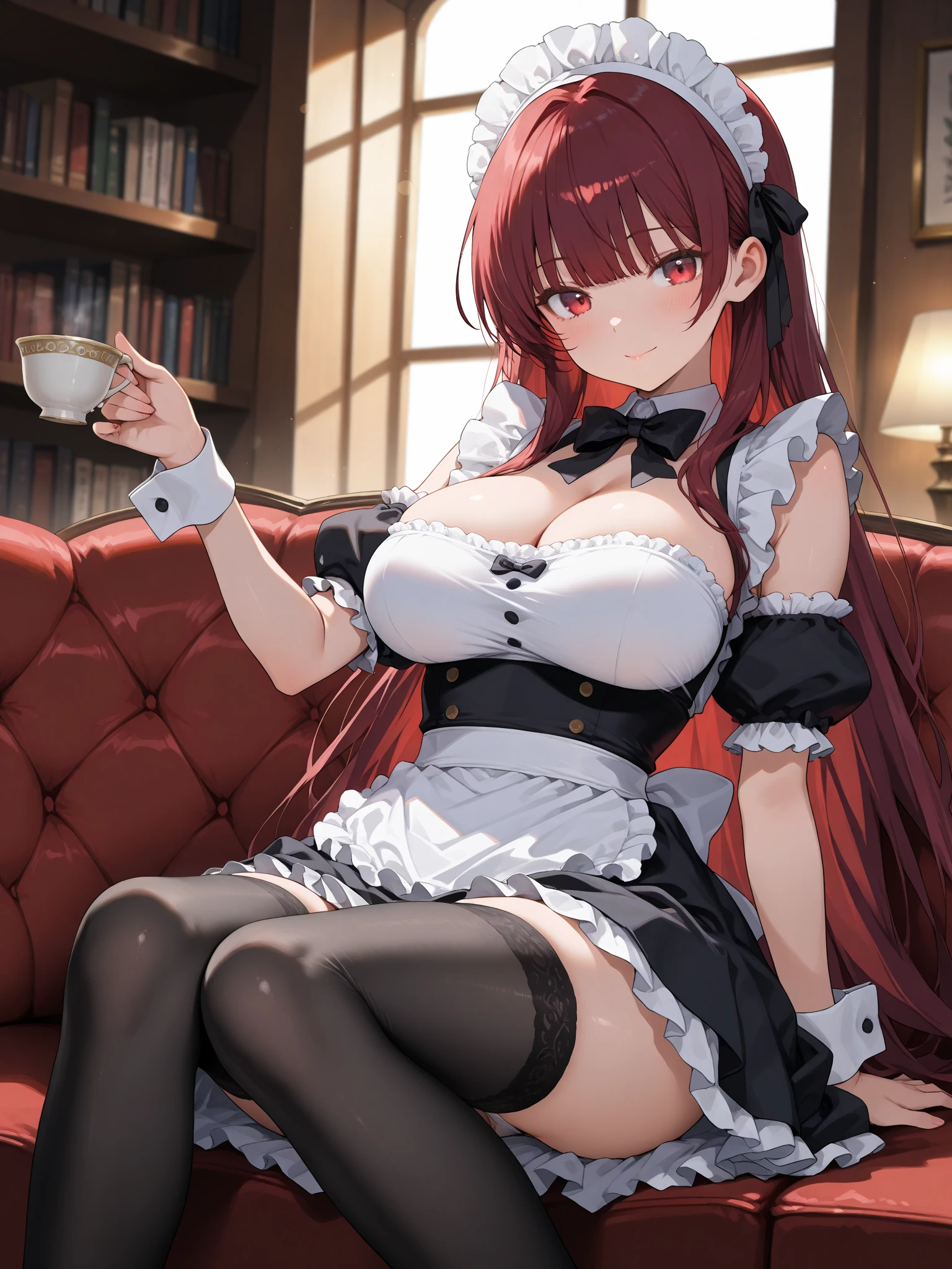 masterpiece, best quality, highres, rias gremory, 1girl, long hair, red hair, ahoge, blue eyes, large breasts, very long hair, breasts, huge ahoge, bedroom, nuisette, wearing a nuisette
