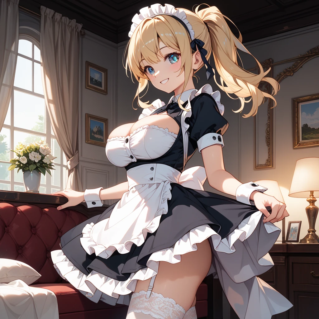 ((highest quality、High resolution、8K、masterpiece:1.3、beautiful anime style))、((She lifts up her skirt and shows her white panties.、blonde、maid、maid服、tits、embarrassed look))