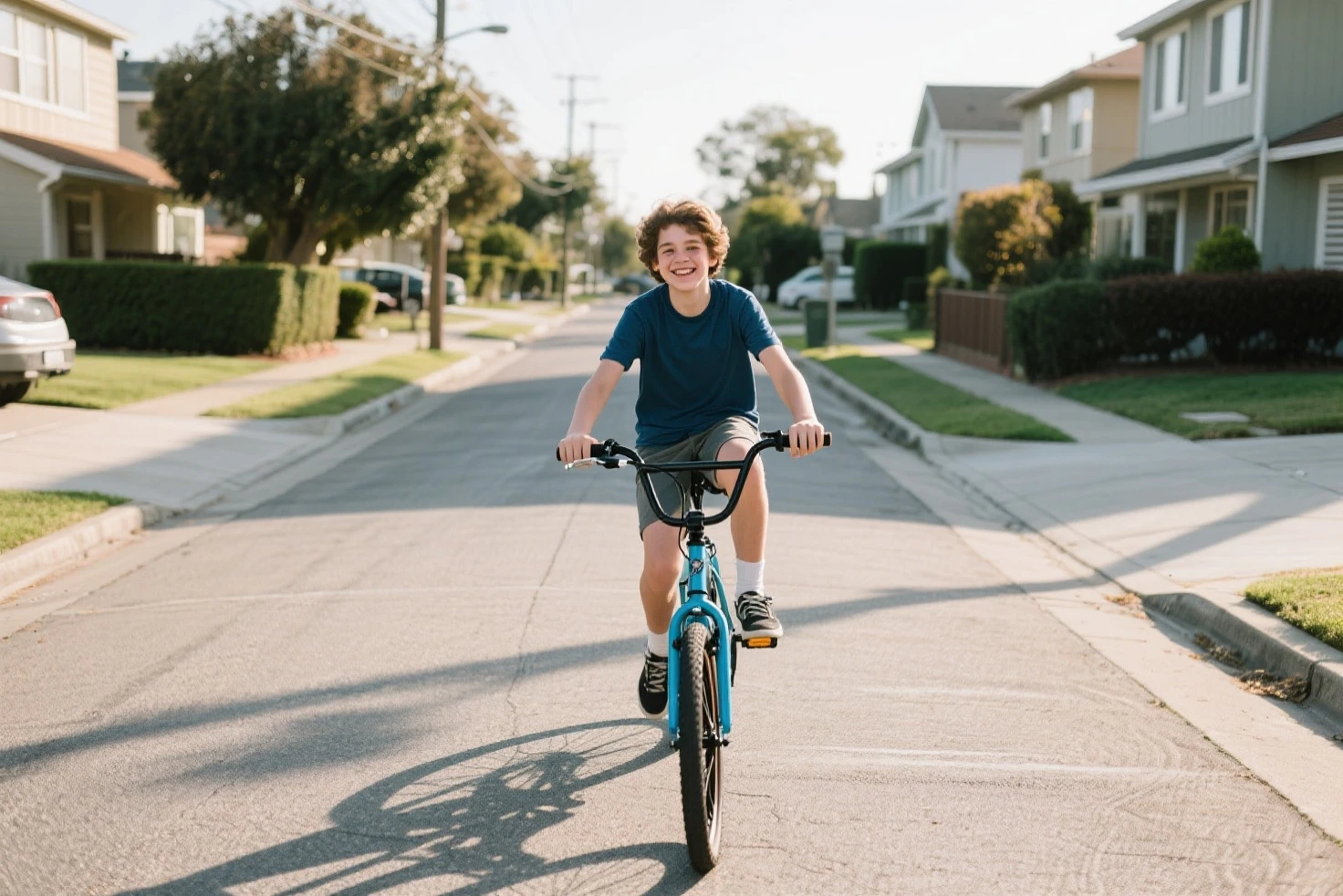 A junior high school student wearing denim shorts is riding a bicycle