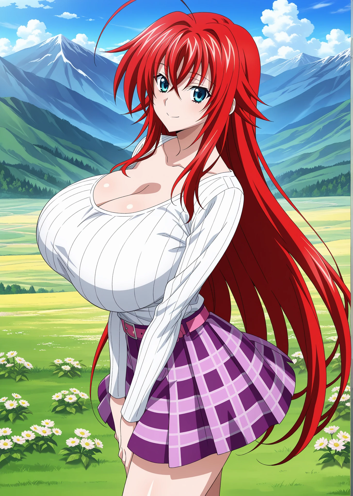 Highschool dxd, Rias Gremory, 1girl, (((bimbo))), puffy lips, Blue eyes Long red hair, painted lips, thick lips, wide hips, thick thighs, big breast, huge ass, erotic, Smile face, bubble butt, breasts, undressing blue jeans, white top,