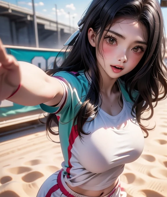 <lora:tifaMeenow_tifaV1:0.5>, <lora:koreanDollLikeness_v10:0.2>, (8k, best quality, masterpiece:1.2), (realistic, photo-realistic:1.37), ultra-detailed, 1 girl,cute, solo, (tifa lockhart), (beautiful detailed eyes), (smile:1.2), ((closed mouth)), erotic pose, ((red_eyes)), nsfw, perfect breasts, wet, sweat, shiny skin, sport, sport wear, ((soccer jersey))
