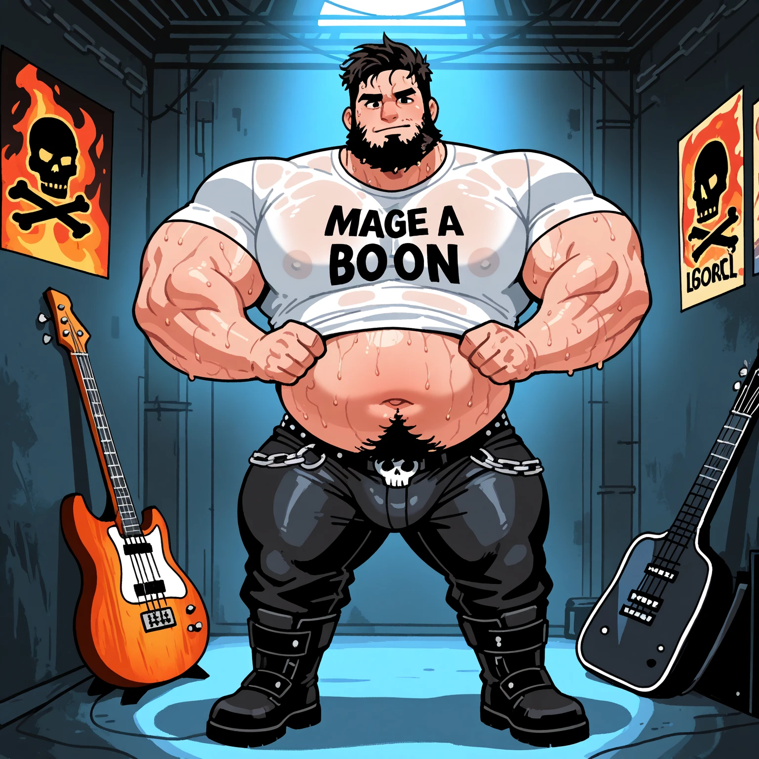 Just plump, chubby, extremely thick thighs, large belly, fat, long beard, huge long beard, full body tattoos full body photography full body image, They don't wear clothes, firing , naturists, just unbuttoned black leather biker jacket, Welcome to the world of Harley Bikers, where the culture of choppers and easy riders come together in a brotherhood of men who find their passion for motorcycles a form of freedom and personal expression, luxury edition magazine cover, gay porn video cover,💓, view from below, leather hat, Armbands, leather cap,bondage outfit))), tattooed arms, full body tattooed, gesturing with hands towards the viewer, he is squatting for the viewer, a view from below near his crotch. He is smiling seductively.🍼.Many exaggerated squirts of semen come out of the glans of the penis), low angle view, with hands Gesturing with hands holding testicle with hand, gesturing, expressing, ((Male genital glans penis abnormal size, phallus size gigantic phallus super long phallus inclined fallen, dropped balls)), sensualizing with the hand on the crotch, Stroking the balls, ejaculating excessively, enjoying without limits, Jets of sperm spurting from the glans penis, very sweaty body, extreme body sweat.