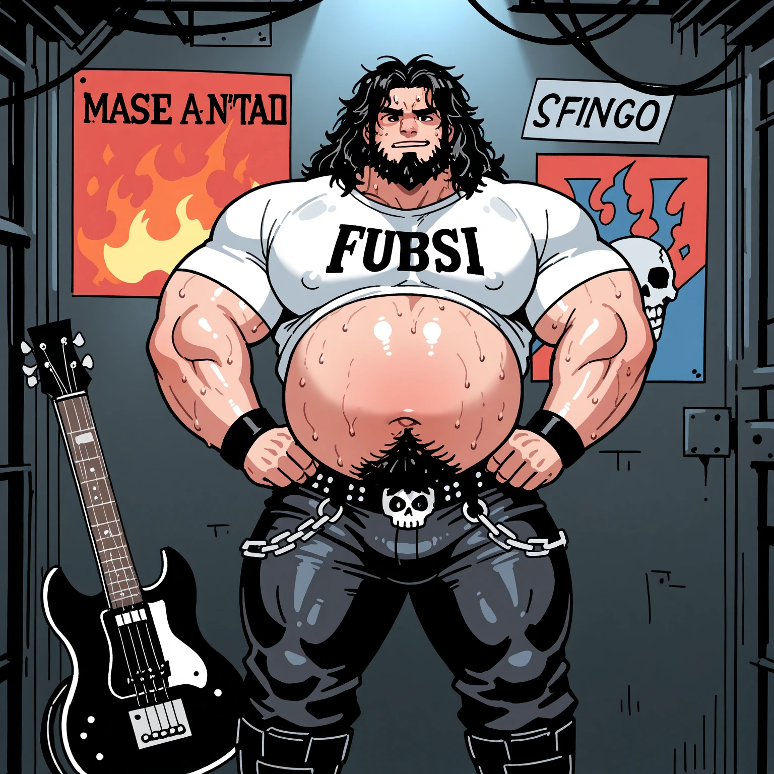Only plump, chubby, extremely thick thighs, large belly, fat, age 50 years, muito barbudo, absurderes, hight resolution, 1male people, full body visible (wrestling Magazine covers:1.2), Yaoi(bara) , ), letras com textos escritos na lateral esquerda baixo. Uma frase em baixo da imagem, texto cima direita , texto direita no meio da imagem.
