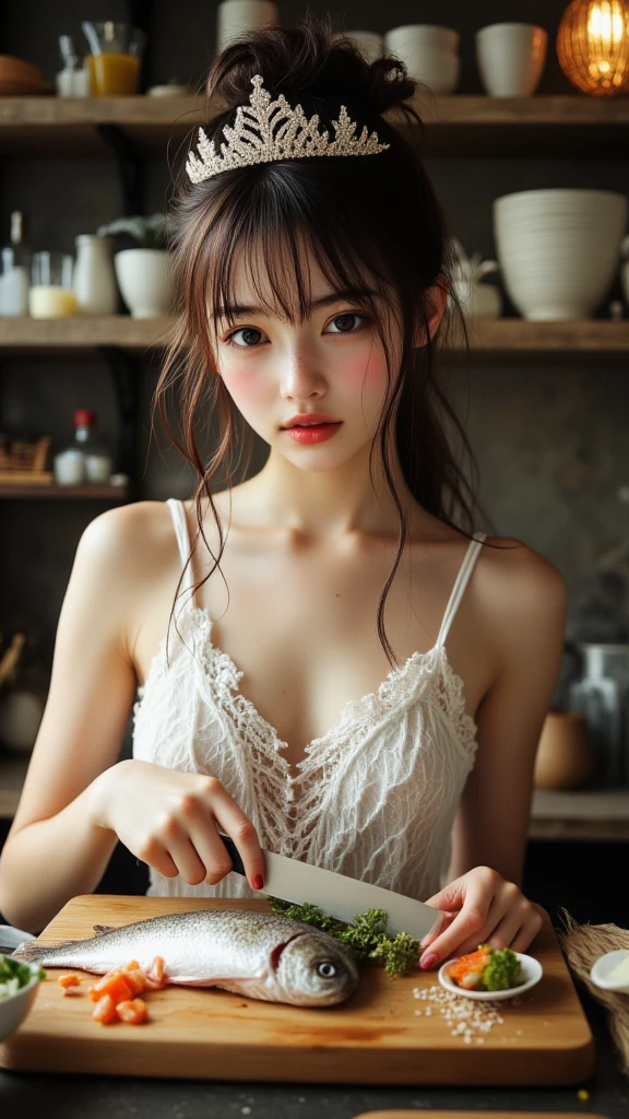 masterpiece, photorealistic, 7 year old girl, small breasts, realistic eyes, realistic skin, realistic face, hanging eyes, plump thighs, emphasize breasts, smile, dyed cheeks, sexy, baby face, not too skinny