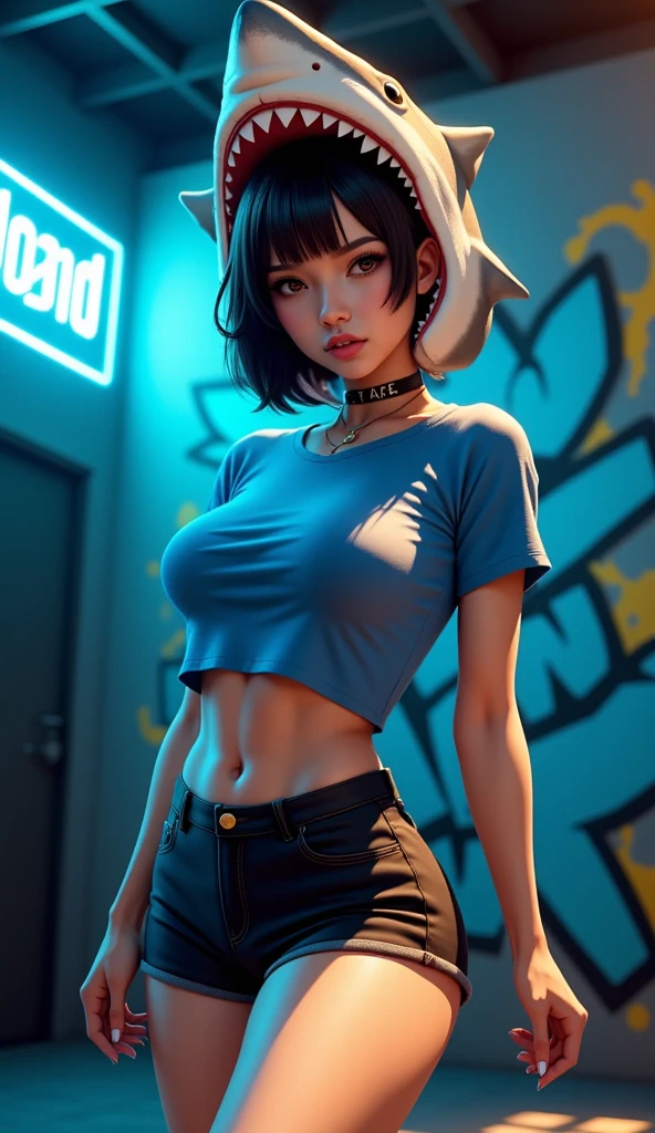Futuristic, neon, Sexy, cool, young woman, bob hair, killer looks, sexy sports bra top, cleavage, perfect breasts, professional makeup, cool expression, charismatic, stunning, sensual, sexual