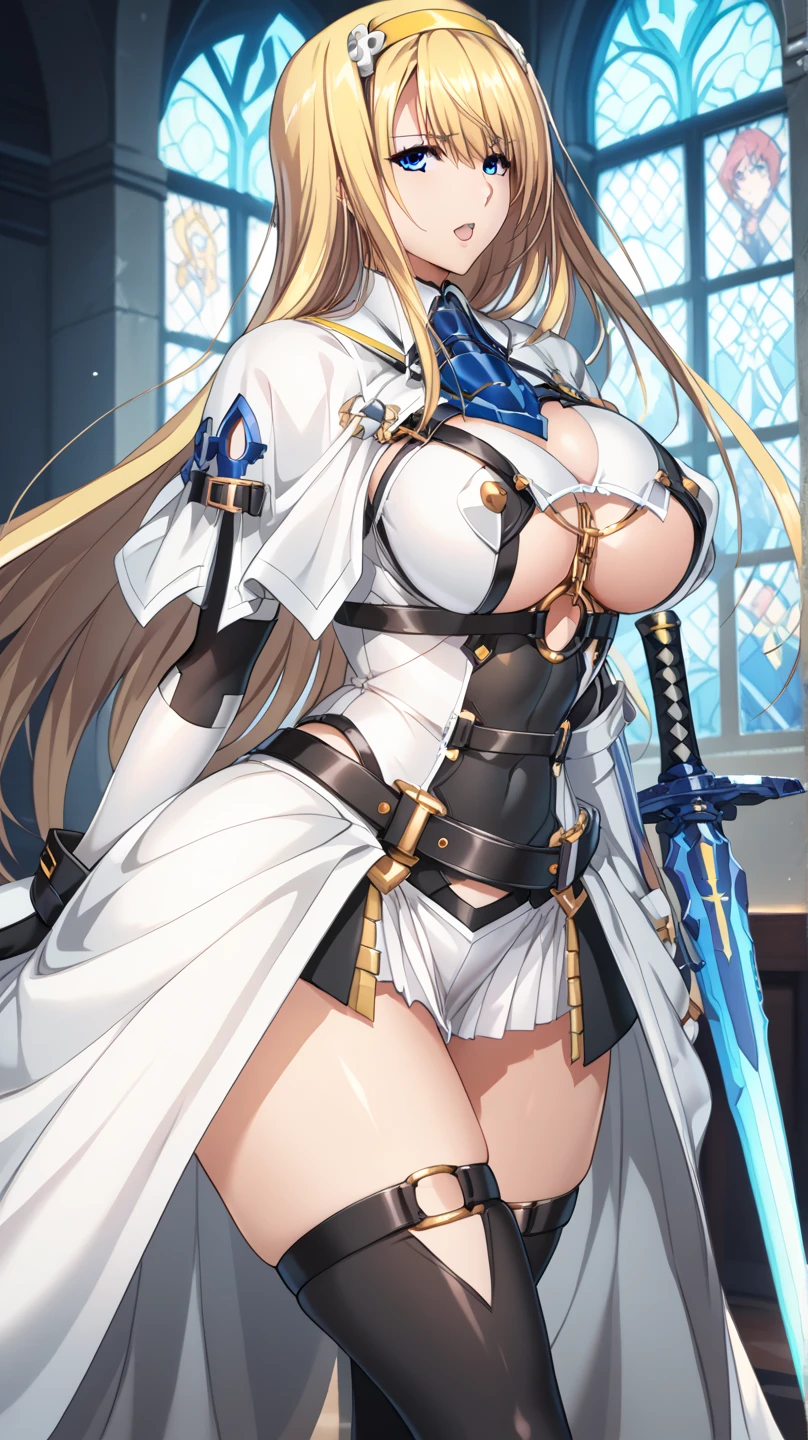 masterpiece,best quality,kim_kwang_hyun, 1girl, Formidable, light-green hair, solo, busty , huge breasts, looking at viewer, Ivory colored eyes, light-green hair, bangs, large huge breasts, long sleeves, pink dress, cleavage, closed mouth, Long weapon((Spear)), puffy sleeves, arm up, clothing cutout, copyright name, blue dress, cleavage cutout, juliet sleeves , power armor, shoulder armor, light-green hair,  Serious, ivory colored eyes 