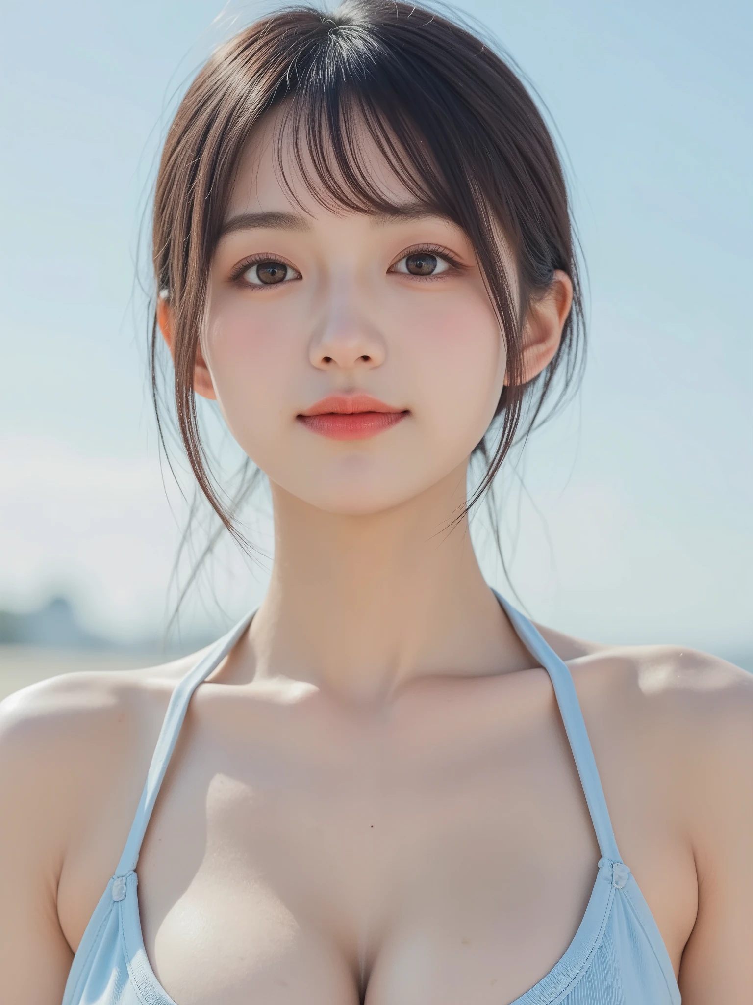 masutepiece, Best Quality, 8K, 8yaers old, Teen, Raw photo, absurderes, award winning portrait, Smile, Solo, Idol face, violaceaess, Delicate girl, Upper body, Digital SLR, Looking at Viewer, Candid, Sophisticated,Thin arms, Professional Lighting, Film grain, chromatic abberation, (Eyes and faces with detailed:1.0), (Bokeh:1.1) , (One-piece clothes:1.1) , closes mouth , sea side , Small breast-sized breasts ,