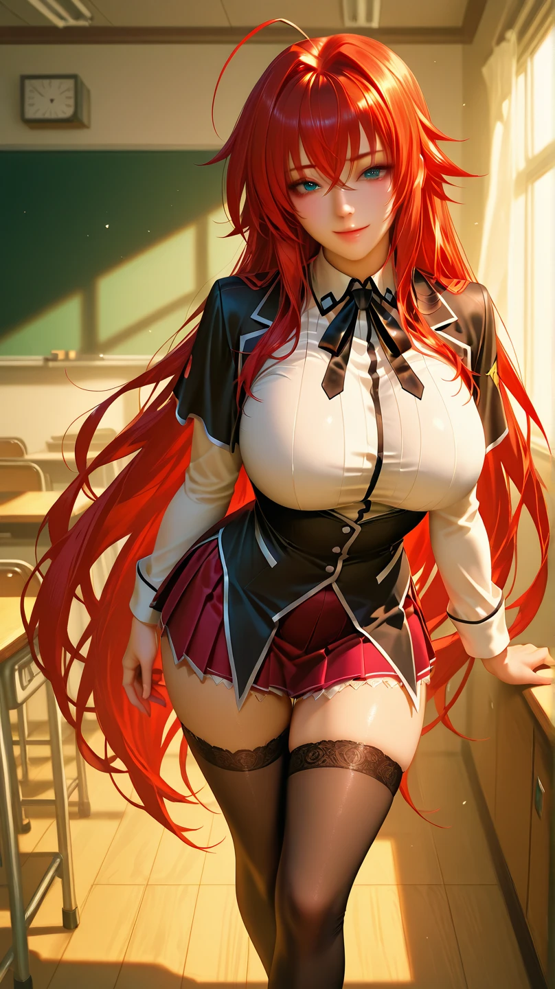 masterpiece, best quality, face centered, highres, rias gremory, 1girl, long hair, school uniform, red hair, ahoge, blue eyes, huge breasts, very long hair, skirt, huge ahoge, socks, long nails, outdoors, (standing:1.2), (skirt lift:1.3), (thong:1.2), smile, <lora:riasGremoryHighSchool_v1:0.7>