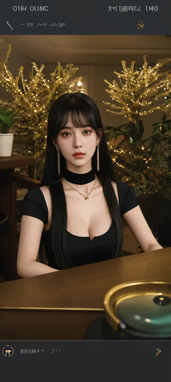 ((best quality)), ((masterpiece)), (detailed), perfect face ((best qualityer)), ((work of art)), (detailded), a korean teenage girl, long hair, dark brown and with bangs, sitting at a table in a restaurant. wearing a sensual black dress. ultra realistic face.