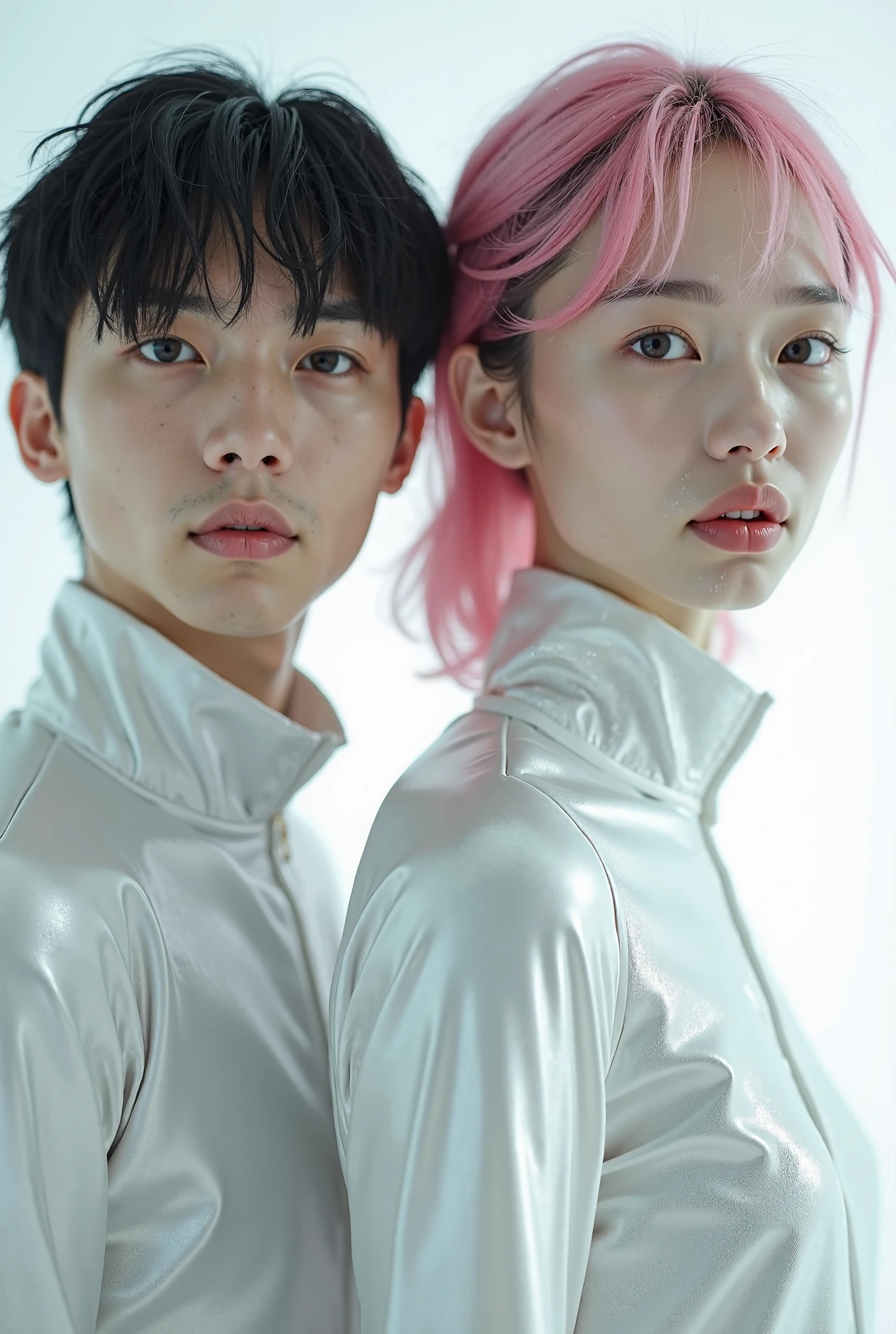Top Quality, Masterpiece, High Resolution, 8k, ((2 cute girls kissing in a light pink blue open shiny puffer, short sleeves, wide neckline, deep neckline, small perky breasts, extremely detailed face, detailed slightly open eyes, beautiful detailed lips, short asymmetrical pixie hair, small hips)), in a spaceship, on bed, intricate details, at night, backlit, random neon color, full body shot, view from distance, random pose