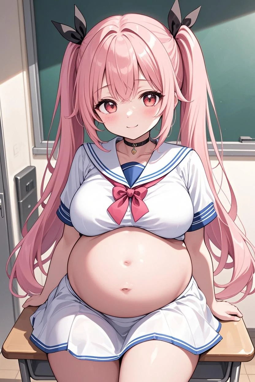 Full body girl, pregnant, huge belly, huge breasts, yellow eyes, glasses, boots, shy, earrings, hair ribbon, long hair, side ponytail, pink hair, tsundere, embarrassed, pout, visible belly, hands on belly, sitting on someone, very thight clothes, school uniform, gloves, best quality