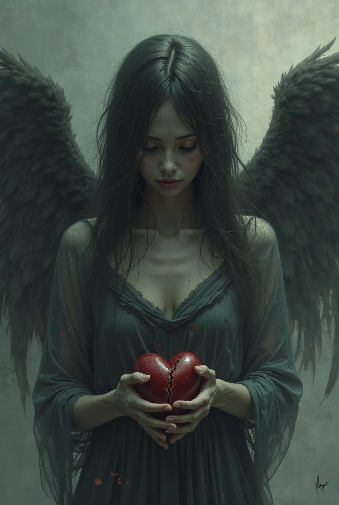 woman, straight black hair, zombie angel type, with a bloody heart in her hands, gore image, looking at the camera, photorealistic