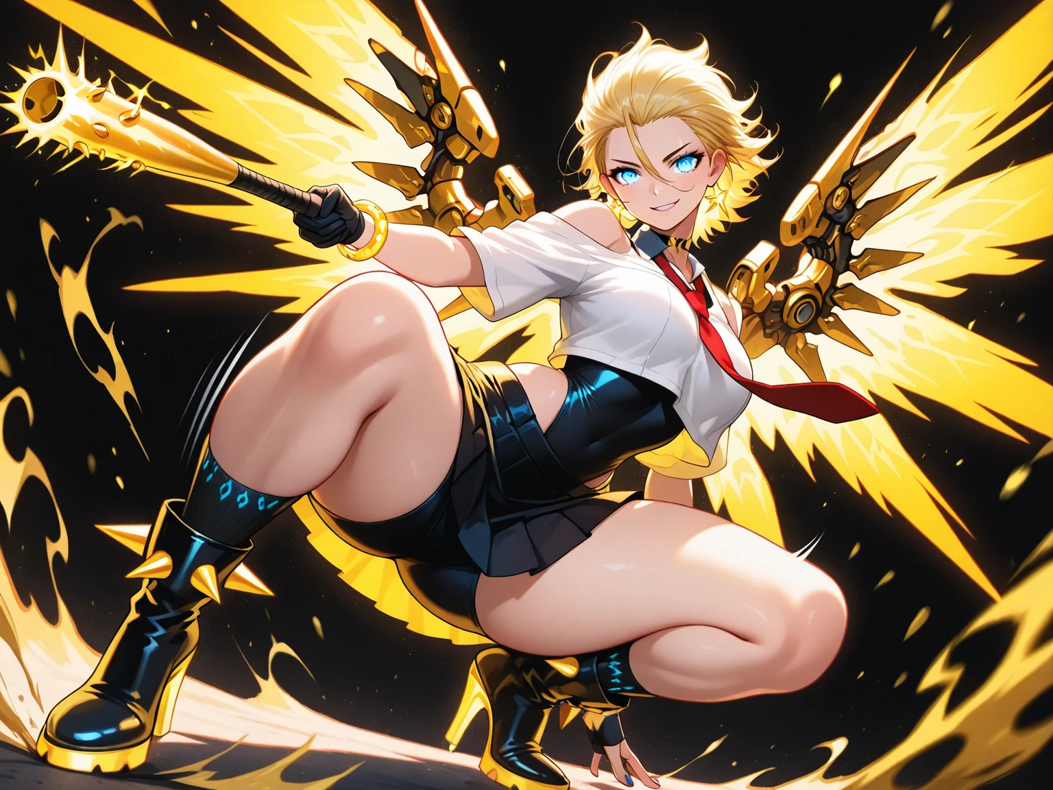 masterpiece Golden Wings A masterpiece of ultra-precise description of a girl fighting with golden flames (Short Bob Hair:1.4),(blue eyes)Legs up pose Big Breasts Kick