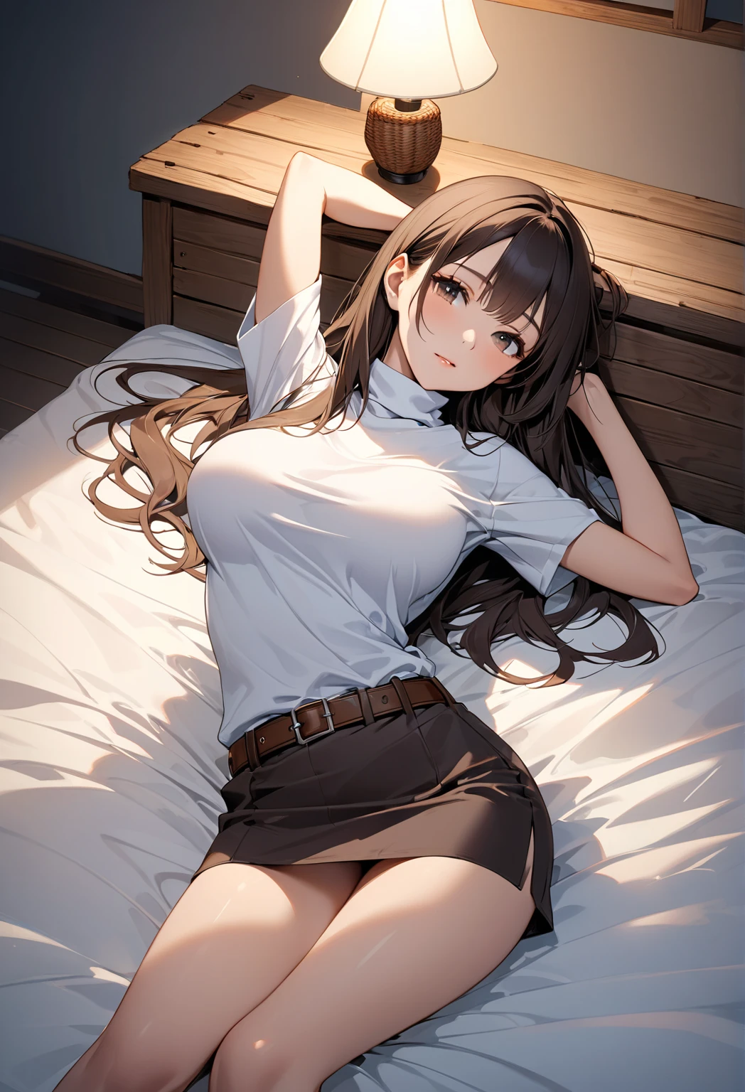 (best quality, masterpiece, expressive_eyes, absurdes), bed, window, desk, bedroom, nighttime, 1girl, solo, medium_breasts, round_face, thighs, pink_PJ, brown_hair, long_hair, bangs, eyelashes, straight_hairs, forelock, brown_eyes, angry, frowning, looking_at_viewer