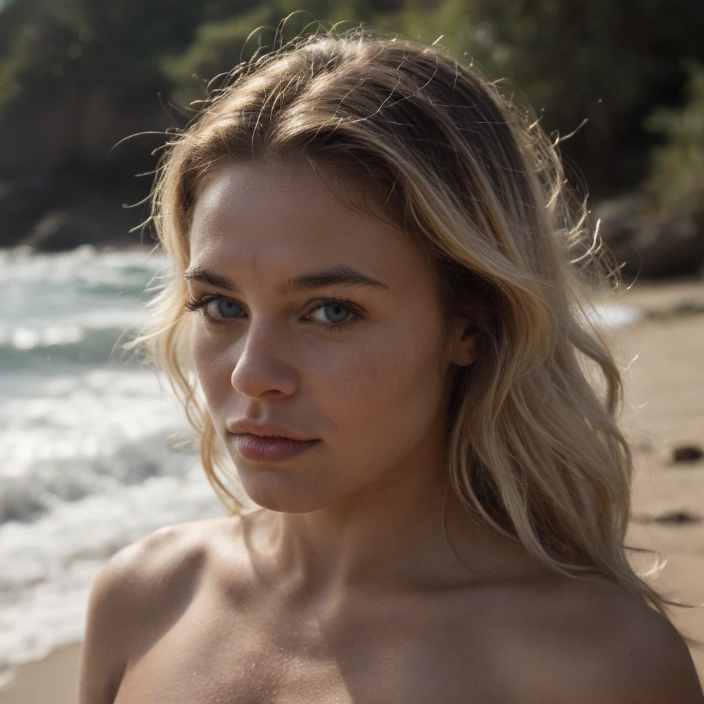 professional, (4K photo:1,1), (Focus:1,3), high detail, (Angelique Kerber:1.1), (attractive woman:1.3), (seductive:1.1), beautiful detailed face, grey eyes, blonde hair, (blushing:1.1), Beautiful athletic body, very small breasts:1.2, at the beach, nude in topless but handbra, beautiful armpits, Selfie for Instagram, just face close up, jewelry, seductive look on cam, full sunlight on your forehead, skin shiny with sweat