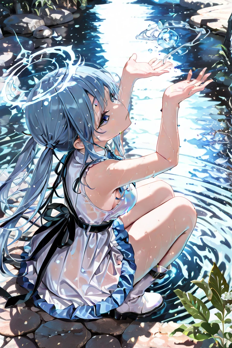 (masterpiece,bebackgroundst quality,ultra-detailed,best illustration:1.2),1girl,(slime girl:1.4),(transparent body :1.4),(see-through skin:1.3)closed mouth,beautiful detailed face eyes,swimsuit,white thighhighs, sunny,blue sky,outdoors,cityscape,