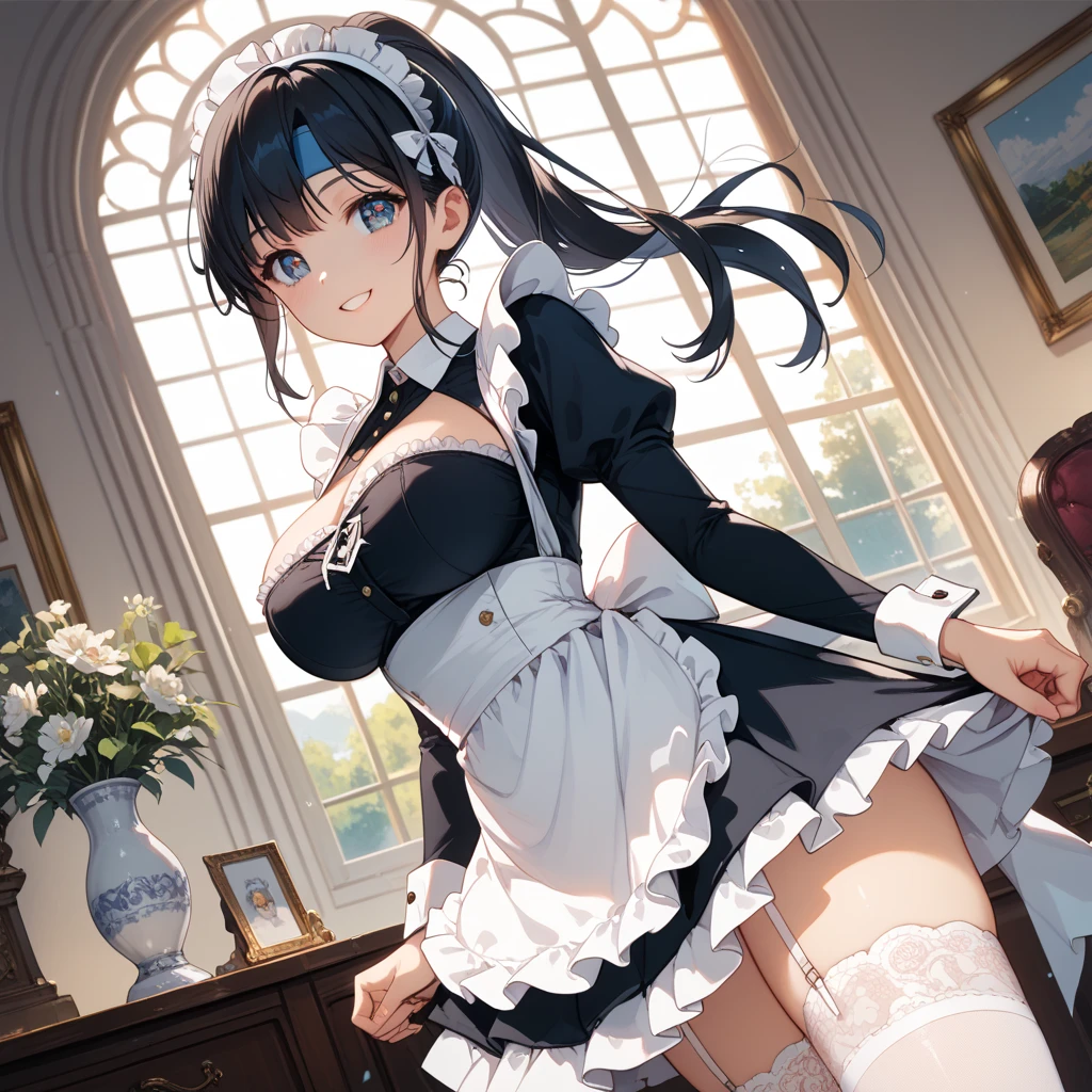 Painted with smoky makeup，eye shadows，Maid maiden，Smooth hair，Wear hair accessories and earrings，Sweet smiling。Her maid skirt，Feet are wearing white stockings，Wear lace gloves。The scene is random，Full upper body nudity。