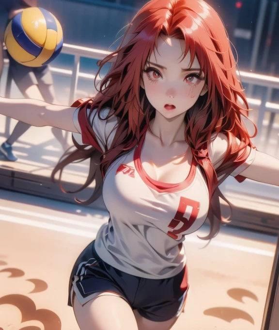 Masterpiece:1.2, Best quality), Realistic, (Real picture, Intricate details, Depth of field), (1girll, Solo), make up, parted lip, highly detailed, Perfect face,
(Huge breasts:1.4), (skin indentation), Thick thighs, Wide hips, Small waist, Tall, glossy coral lips,
red hair, Red eyes, pony tails,
(A girl playing volleyball, white volleyball suit), (full of sweat:1.2), (Wet), Sexy, Blushing,