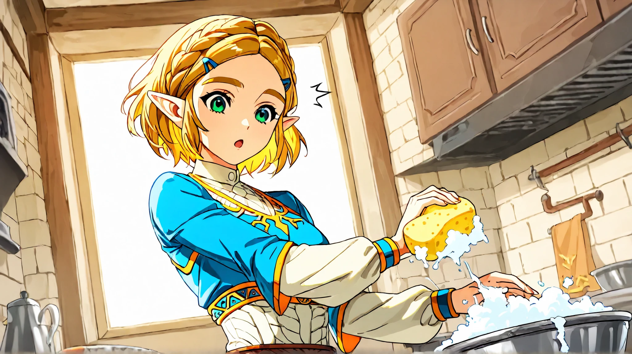 1girl, princess zelda, battle uniform, kitchen background, she is holding an sponge, Washing dishes, battle pose, link on beheind, he is holding more plates, she is surprised, he is desconsetrating, masterpiece, score_9, score_8_up, score_7_up, high resolution, anime_source