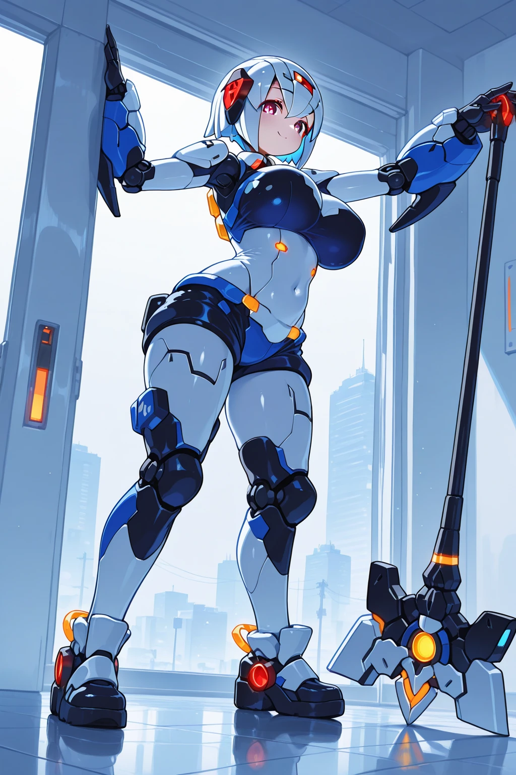 Cyborg, medium breasts, mechanical arms, large mechanical legs, flying over a city, smiling, short light blue pigtails