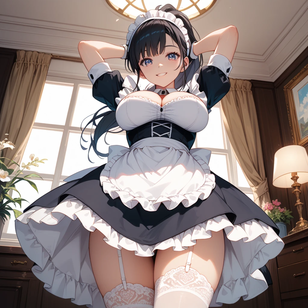 Maid clothes　Brown Skin　Alluring thighs　Knee-high socks　Large Breasts