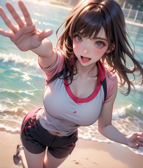 realistic, woman, selfie, wide mouth, licking, soft serve ice cream, face zoom, background sea