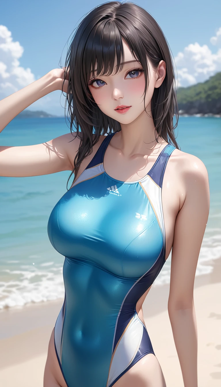 ((masterpiece,best quality,ultra detailed,high resolution)),(daytime,clear weather,bloom),((solo)),(woman),(black hair,long hair,straight hair,blunt bangs),(beautiful detailed face,beautiful detailed eyes),(finely detailed skin,fair skin),light smile,(competition swimsuit,navy swimsuit),(on the beautiful lake,beautiful sky),(big breast,perky breast,medium hip),((cowboy shot)),((arms behind back)),