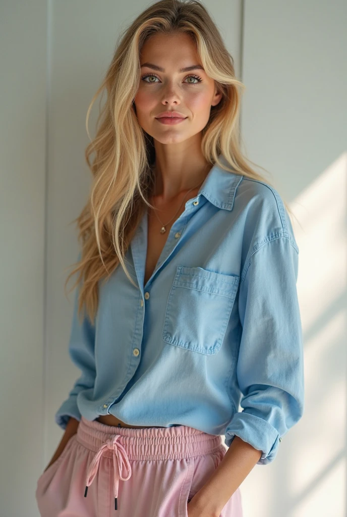  woman with long hair, blonde, honey eyes, dressed in a denim set, full body 4K ultra realistic