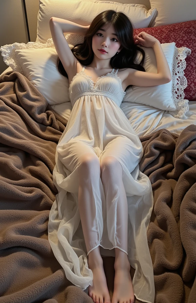 ((Realistic lighting, Best quality, 8K, Masterpiece: 1.3)), Focus: 1.2, 1girl, Perfect beauty: 1.4, Slim Abs: 1.1, ((Long dark brown hair, Big breasts: 1.3)), (Transparent pajamas: 1.5, Black open crotch socks: 1), (Outdoor, night: 1.2), City streets, thin eyes, Double eyelids, hands on head, (lying on bed: 1.4), facing the camera,  legs open, (Full body: 1), sexy body, huge breasts