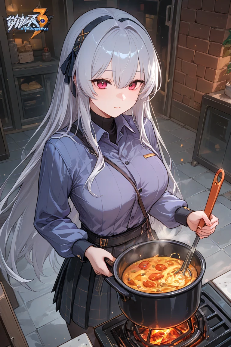 best quality, (masterpiece:1.2), detailed,
Sistine Fibel,
1girl, solo, open mouth, wavy mouth, nose blush, embarrassed,
long hair, grey hair, green eyes, blue hairband, animal ears, blue choke, navel, gloves,
standing, looking at the viewer,
indoors.