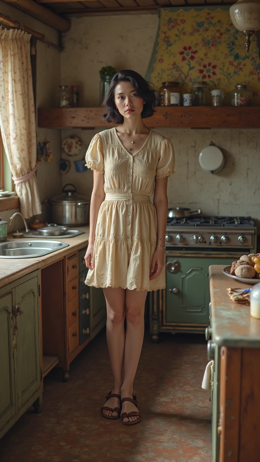 Create a retro vintage waitress teen with dark brown hair and bangs, with dark brown eyes, (((5 toes , girl kidnapped,black  toes nails,legs together, feet together, ankles tied together with ropes around both ankles, restrained hands with ropes on back,Focus full body, stand tied, with no shoes, perfect feet, in bondage))),old style drawing 50s retro vintage 