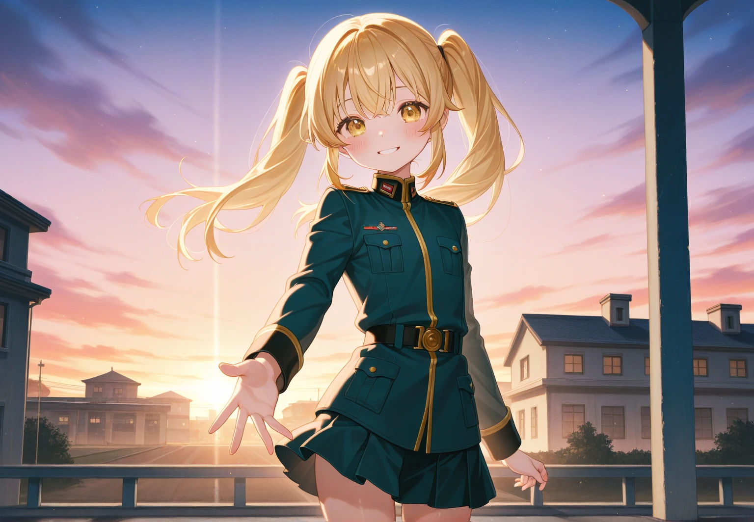 Masterpiece, illustration, super detailed, kawaii, one girl, 独奏, slender 14 year old, Japanese girl, chou chou, ribbon, nape of neck, low ponytail, cute pose in Less revealing attire, (green sailor outfit, two gold lines), large gold ribbon, priss skirt, black pantyhose, , Long Sleeves, White innerwear for sailor suit, living room, cowgirl shot, sfw, dynamic angle、Close-up on the characters、(building, city、A dense fog of fluorescent particles、1800Era、Japanese Style、Fiction、grow、Overwhelming、Detailed street)、A beautiful girl with a beautiful background and a super cute pose