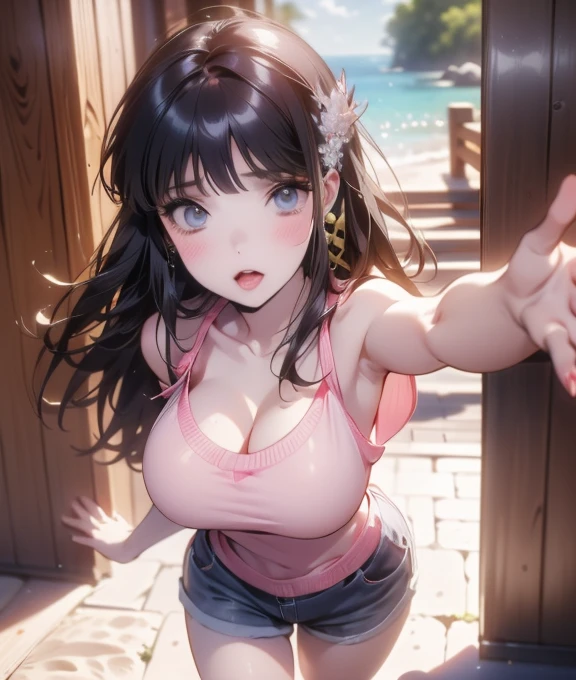 (Masterpiece, BestQuality:1.3), (ultra detailed:1.2), (hyperrealistic:1.3), (RAW photo:1.2), High detail RAW color photo, professional photograph, (Photorealistic:1.4), (realistic:1.4), (Pink Hair:1.5), professional lighting, perfect anatomy, (Big Breasts:1.2), (blush, detailed face), (cheerful Smile:1.5), Trending Hair&Trending Hairカラーをランダムに, earrings, necklace, bracelet, sexly, erotic sexly, Random sexy gravure poses, (A woman wearing a fringe top and shorts at a summer festival、Laughing happily。Beach wave hairstyle、Hands outstretched。:1.3)