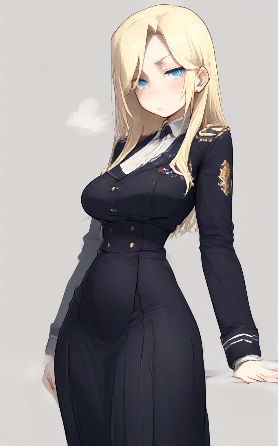 (masterpiece, best quality:1.2),absurdres,highres,1girl,solo,upper body,blue_eyes,black_gloves,blonde_hair,hairband,cleavage,large_breasts,looking_at_viewer,military_uniform,smile,cross_choker,black_pantyhose,miniskirt,very_long_hair,black_choker,white_skirt,white_jacket,pencil_skirt,bangs,<lora:North Carolina(azur)>,