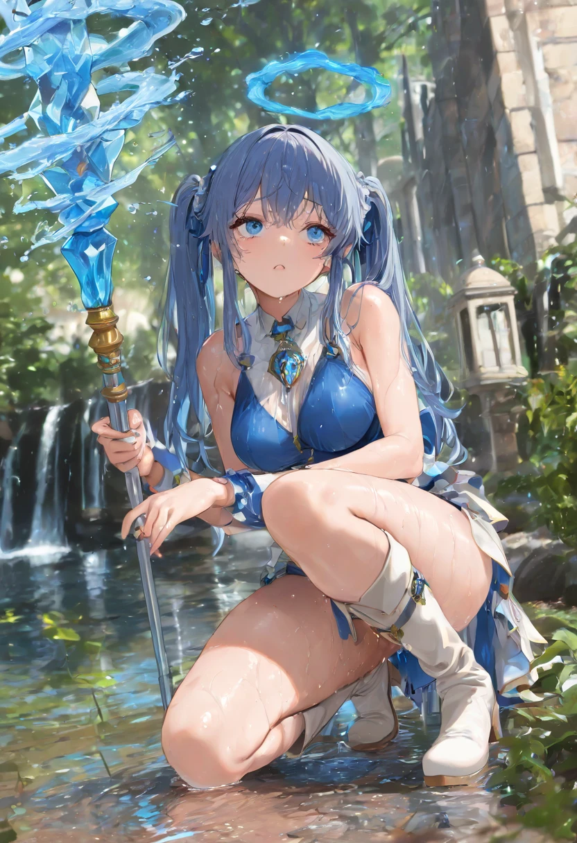 Anime Moe Art Style,Highest quality,High resolution,Anatomically correct,One Girl,Mid-teens,Girl with light blue hair in a ponytail,Very detailed,Fantasy-style world,Off-the-shoulder tops,mini skirt,Big Breasts,Rich expressiveness,smile,cave,Hold the dagger,Detailed drawn eyes,hair ornaments,necklace,bracelet,8k