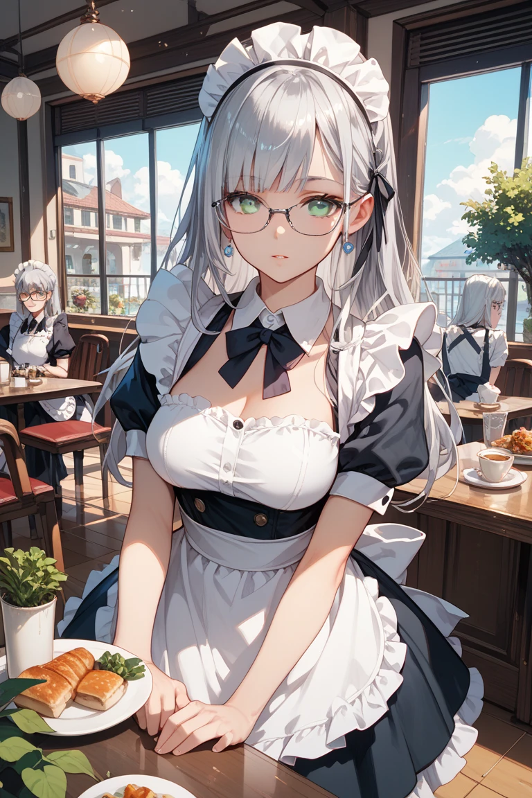 (best quality, masterpiece), (ultra high resolution, 8K RAW photo, photo realistics:1.5, textile shading, thin outline, clear focus:1.2), Beautuful Matured woman preparing tea-time in the garden, standing by the round table, (tea set, tea pot, tea cups, some cakes on dish), classy art deco style table, wearing light_brown maid uniform, breast cleavage, maid costume:1.2, long flare skirts, apron, bow ties on thechest, long tall sally, long legs, long white hair, (wearing thin-flame glasses:1.2), (milf:1.5, 28 years old, solo), (large breast, sagging breast, big tits, narrow waist), (medium short white hair, hair over one eye, (updo hair:1.2), side lock, asymmetric hair, wavy hair), (bright pupils, detailed eyes, high detailed face, Perfect face shape, eye rush), (seductitve smiling, half-closing eyes), (looking at viewers:1.3), (dynamic angle, full body, from above:1.2), ((correct anatomy:1.5, correct hands)), (ideal ratio of body proportions), (outdoor:1.2, grass field),