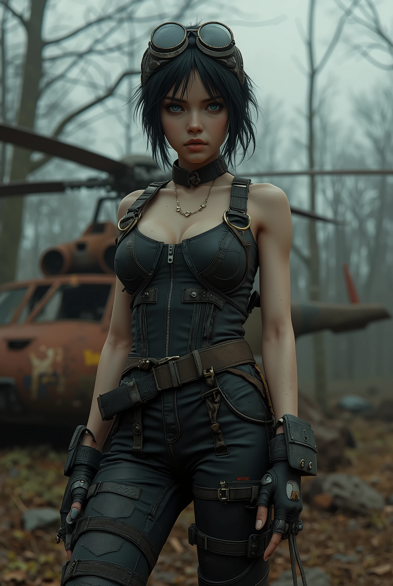 a cinematic surrealistic stylized painting of punk female zombie in abandoned overgrown city LED lights, the ground is a mosaic of grass and water, dreamy, taken on a hasselblad medium format camera, cinemascope, vignette, (subject in center, symmetrical:1.4), dramatic lighting, night time, volumetric lighting, (hazy atmosphere:1.5), green cool light, cold, outside DPM++ 2M SDE Karras