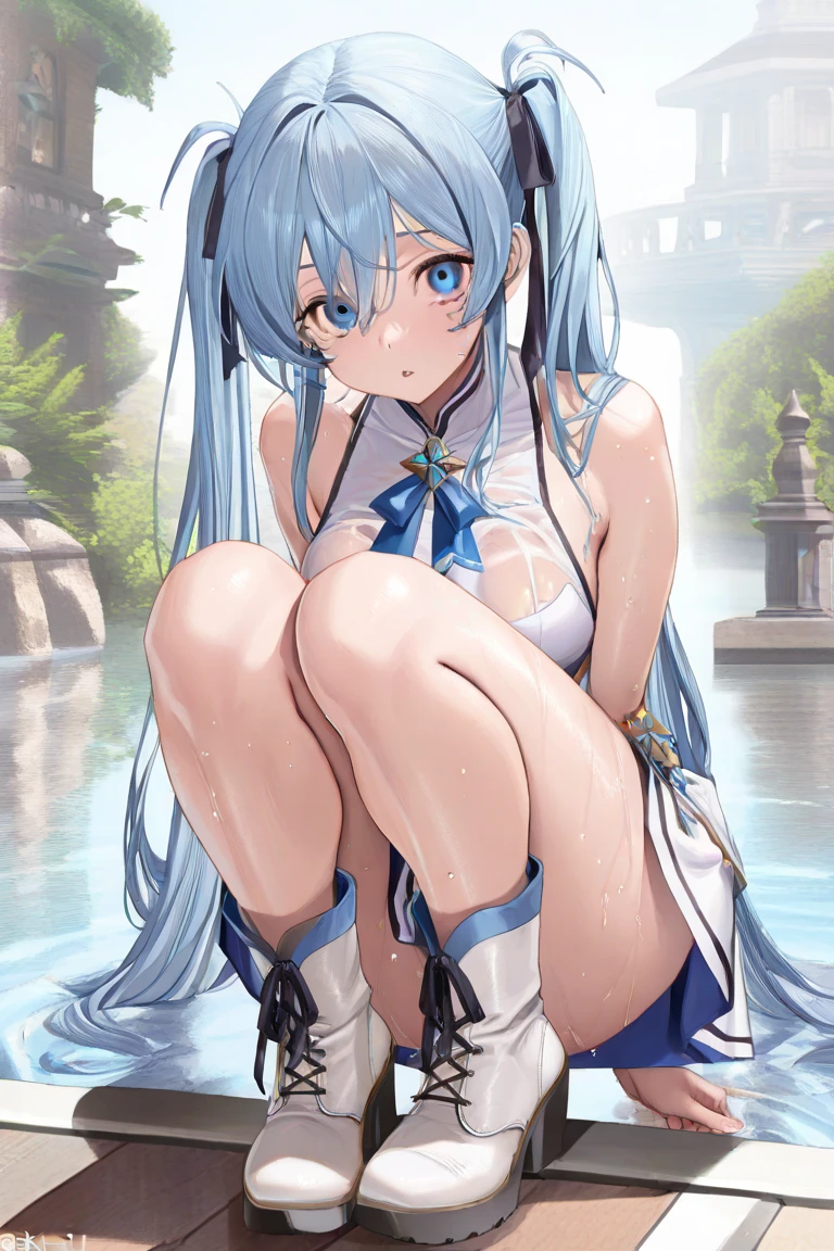 masutepiece, Detailed, Best Quality, Beautiful Girl, very small lace translucent bikini, Shackles, stock, Troubled face, big pool (prison), sexy girl 1girl in, aqua from konosuba character, female, Blunt bangs, Big breasts, Amused expression, Looking at Viewer, big butt, mature body, very big , blue eyes, small thong, big butt, full body picture, cameltoe,micro transparent lace lingerie, nsfw, opening legs, light blue hair