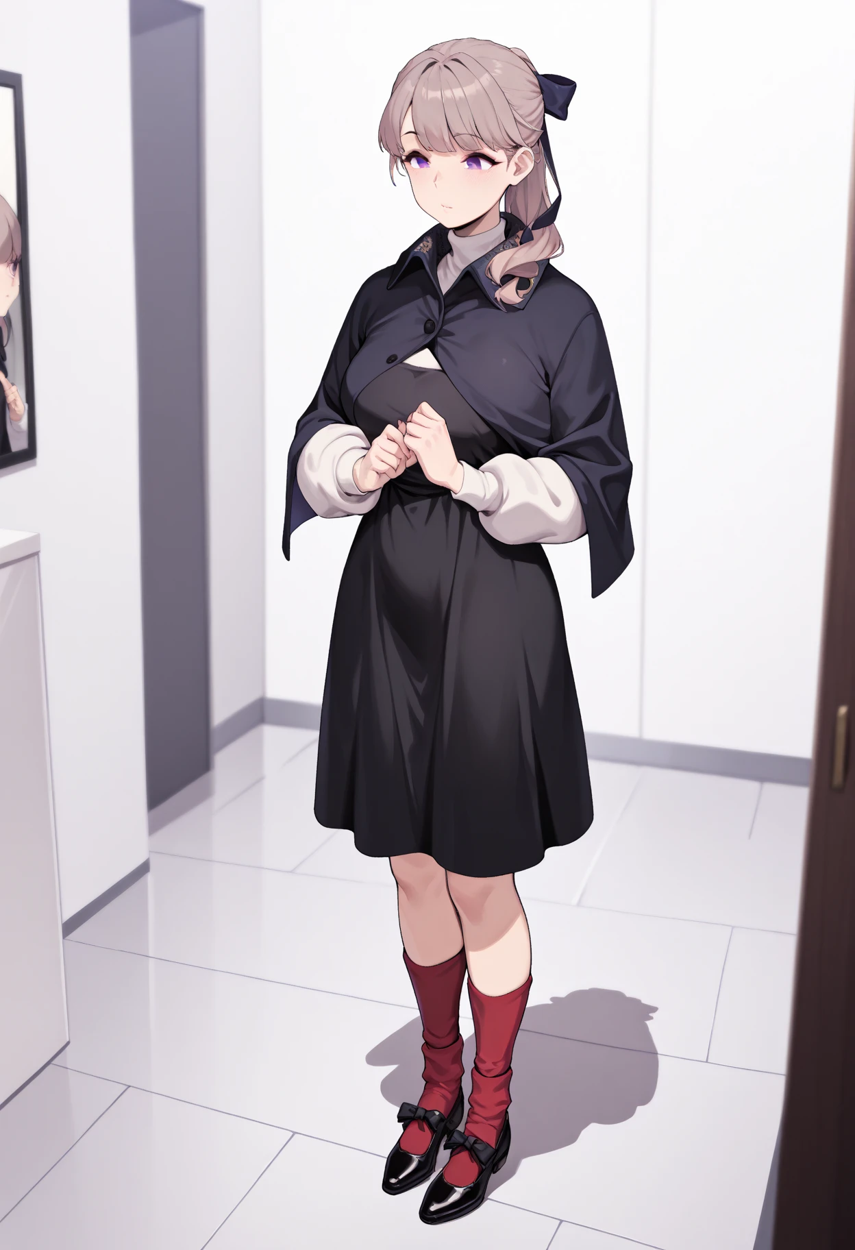 Appearance:
Race: Female Dark Elf
Skin: Dark
Eyes: Blindfolded
Expression: Smiling
Mouth: Closed
Body Type: Maternal
Chest: Large, covered with clothing
Pose:
Standing by a wooden pole, looking down at the viewer