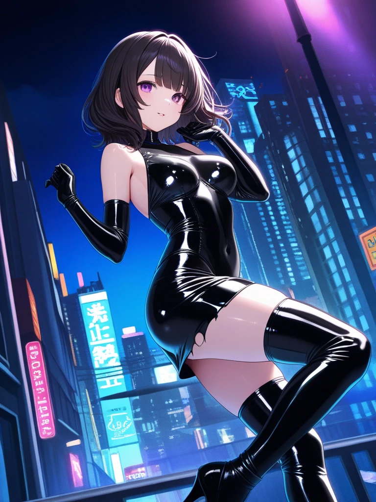 1teen_girl, kneeling with one hands on the ground  solo, short hair, brown hair, short sleeves, (latex_bodysuit), robot ears, green eyes, short sleeves, short over long sleeves, bare_thighs,smile, in futuristic city, , high quality, medium_breasts,crotch, slouch,groin,dynamic_angle,open_legs,