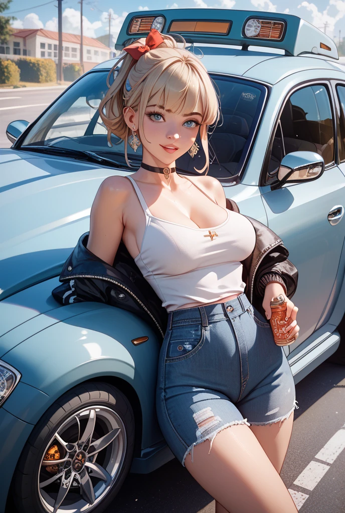 (Amazing masterpiece), (Maximize highest quality: 1.5), (Maximize most beautiful digital illustrations: 1.5), ((Most realistic: 1.5)), ((Smooth, soft, crisp and most realistic skin and hair textures)), Most beautiful detailed eyes:1.5, ((Maximum resolution)), ((UHD, 16K, 1080p)), ((10 million ppi, 300 million dpi images)), (Amazing dynamics:1.5), Beautiful backgrounds with depth of field, Most beautiful natural light, Rule of thirds, ((Maximize every effect and present it in the ultimate quality)), 1woman, sexy, 25years old, beautiful face sharp, elegant mature woman, Ultimate perfect body style, beautiful beautiful big breasts, Maximize upturned breasts, green eyes, shiny blonde hair, short hair, bob cut, (eyes visible through hair:1.3), glossy very thick lips, pink lipstick, very happy smile:1.5, A woman washing a car, holding a hose with water flowing, wearing a white T-shirt with a colorful print, denim shorts with frayed edges, red sneakers with white laces, her body wet, with a very happy expression, background is a sunny outdoor with a car,