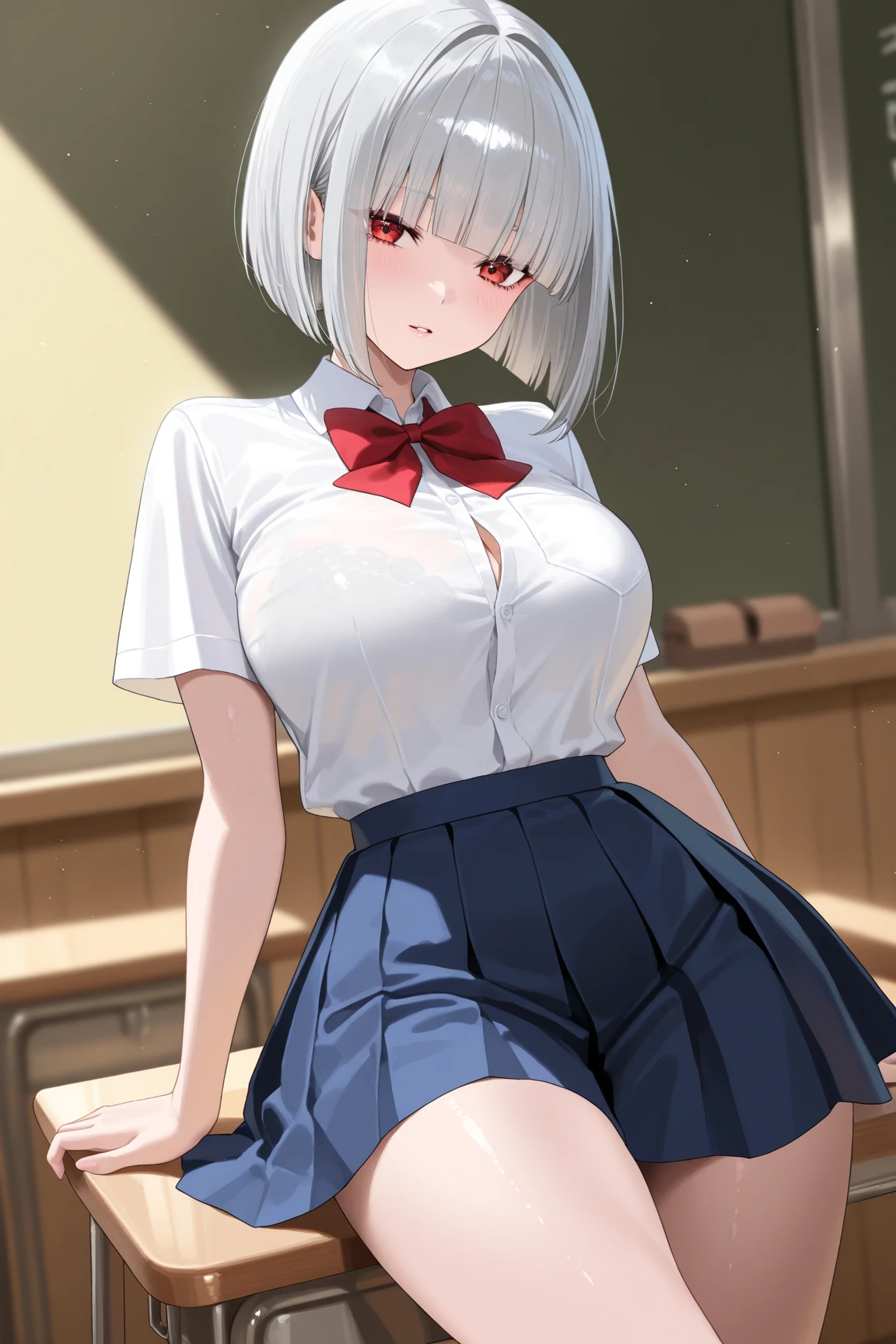 1 beautiful woman, Beautiful Office Lady, slender body, realistic, very detailed CG 統合 8k 壁紙, very detailed, High resolution raw color photos, professional photos, realistic portrait, cinematic light, beautiful details, (beautiful breasts:), (cleavage:1.2), (White shirt with wide open chest:1.5), (extremely short skirts:1.3), pantyhose, panties, squat, indoors, Sales Office, (最high quality:1.4), Super detailed, high quality, table top, (view from below:1.5)、slight smile、short hair、((White wet light underwear))、